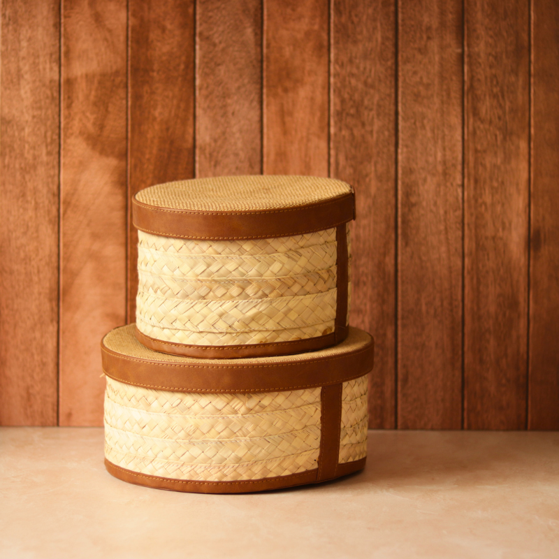 Cane & Leather Organizer With Lid