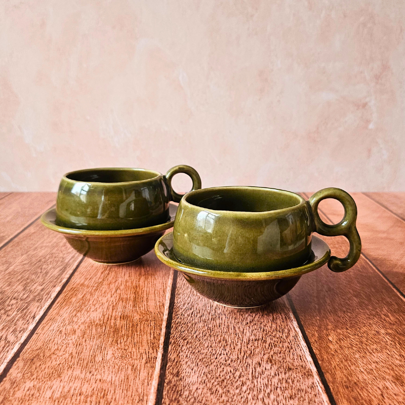 Ceramic Earthen Olive Tea Cup Set (Set of 6)