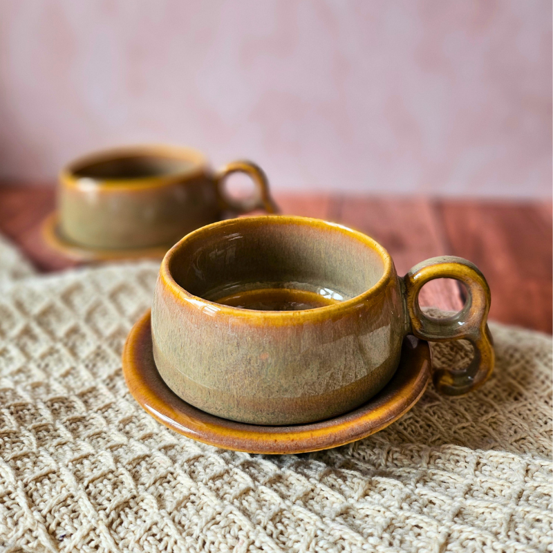Ceramic Ochre Brown Tea Cup Set (Set of 6)